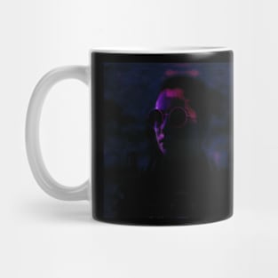 Beautiful girl with round glasses. Dark, like in night dream. Dim, blue and violet. Mug